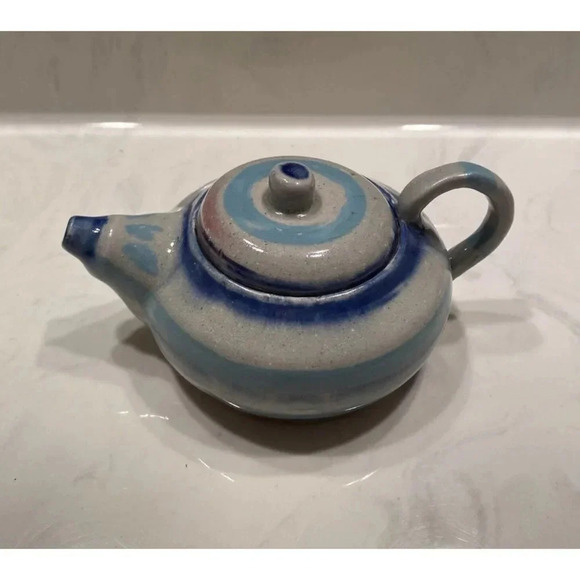 Small Teapot Blue Glazed Pottery 3.75" H  X 4.75" W X 7.5" L - Picture 5 of 8